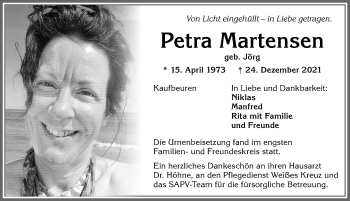 Traueranzeige von Petra Martensen von Allgäuer Zeitung, Kaufbeuren/Buchloe