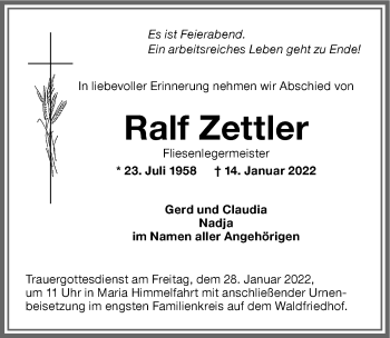 Traueranzeige von Ralf Zettler von Memminger Zeitung