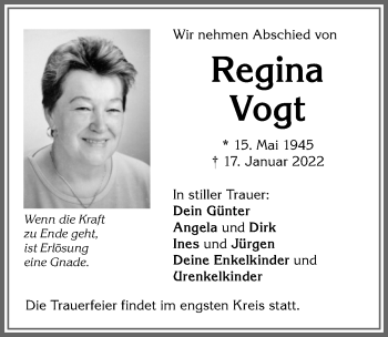 Traueranzeige von Regina Vogt von Allgäuer Zeitung,Kempten