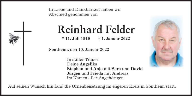  Traueranzeige für Reinhard Felder vom 10.01.2022 aus Memminger Zeitung