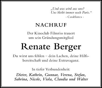 Traueranzeige von Renate Berger von Der Westallgäuer