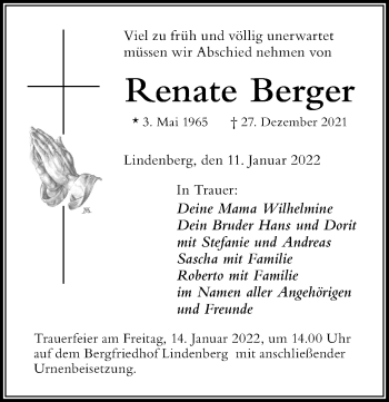 Traueranzeige von Renate Berger von Der Westallgäuer