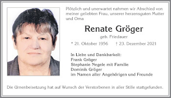 Traueranzeige von Renate Gröger von Allgäuer Zeitung, Kaufbeuren/Buchloe