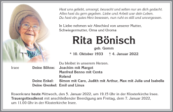 Traueranzeige von Rita Bönisch von Allgäuer Zeitung, Kaufbeuren/Buchloe
