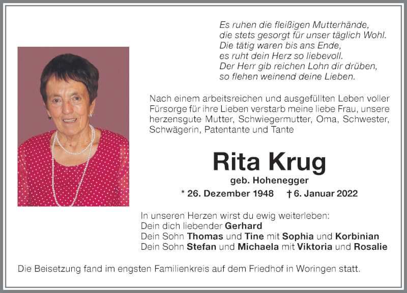  Traueranzeige für Rita Krug vom 15.01.2022 aus Memminger Zeitung