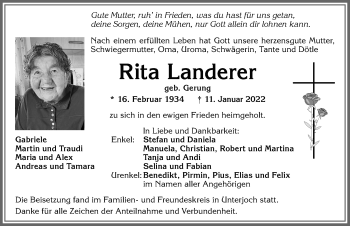 Traueranzeige von Rita Landerer von Allgäuer Anzeigeblatt