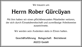 Traueranzeige von Rober Gürcüyan von Allgäuer Zeitung, Marktoberdorf