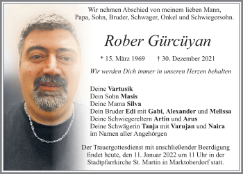 Traueranzeige von Rober Gürcüyan von Allgäuer Zeitung, Marktoberdorf