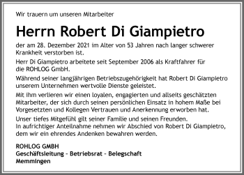 Traueranzeige von Robert Di Giampietro von Memminger Zeitung