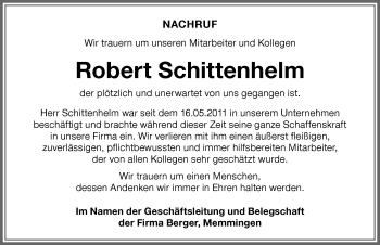 Traueranzeige von Robert Schittenhelm von Memminger Zeitung