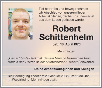Traueranzeige von Robert Schittenhelm von Memminger Zeitung