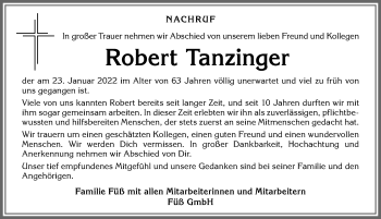Traueranzeige von Robert Tanzinger von Allgäuer Anzeigeblatt