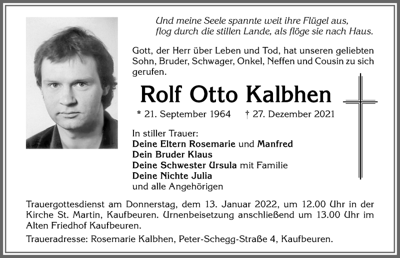  Traueranzeige für Rolf Otto Kalbhen vom 10.01.2022 aus Allgäuer Zeitung, Kaufbeuren/Buchloe