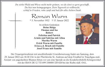 Traueranzeige von Roman Wurm von Allgäuer Zeitung, Füssen