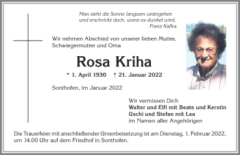 Traueranzeige von Rosa Kriha von Allgäuer Anzeigeblatt