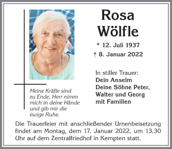 Traueranzeige von Rosa Wölfle von Allgäuer Zeitung,Kempten