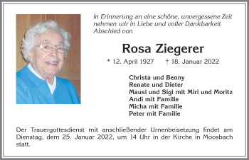 Traueranzeige von Rosa Ziegerer von Allgäuer Zeitung,Kempten