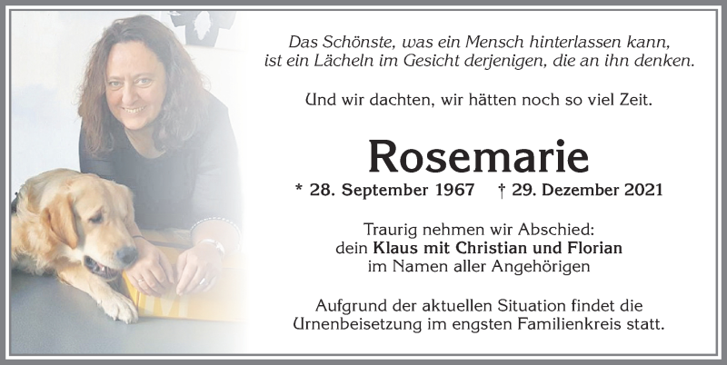  Traueranzeige für Rosemarie  vom 10.01.2022 aus Allgäuer Zeitung, Kaufbeuren/Buchloe