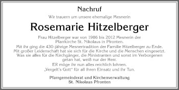 Traueranzeige von Rosemarie Hitzelberger von Allgäuer Zeitung, Füssen