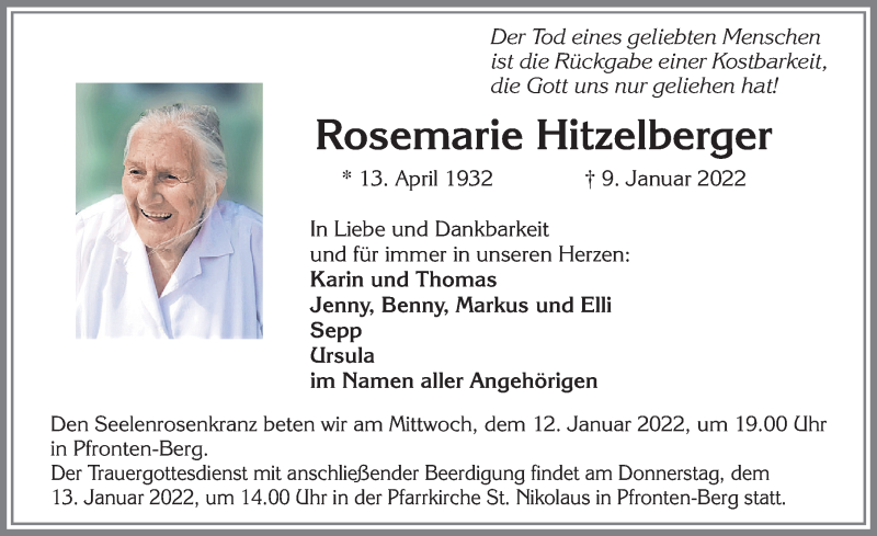  Traueranzeige für Rosemarie Hitzelberger vom 11.01.2022 aus Allgäuer Zeitung, Füssen