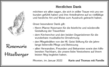 Traueranzeige von Rosemarie Hitzelberger von Allgäuer Zeitung, Füssen