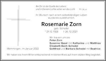 Traueranzeige von Rosemarie Zorn von Memminger Zeitung