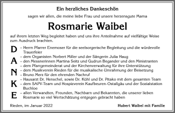Traueranzeige von Rosmarie Waibel von Allgäuer Zeitung, Kaufbeuren/Buchloe