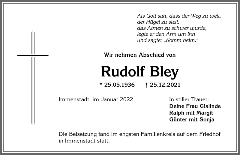  Traueranzeige für Rudolf Bley vom 11.01.2022 aus Allgäuer Anzeigeblatt