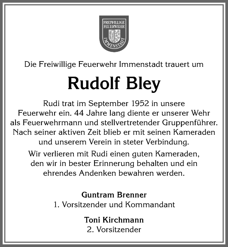  Traueranzeige für Rudolf Bley vom 11.01.2022 aus Allgäuer Anzeigeblatt