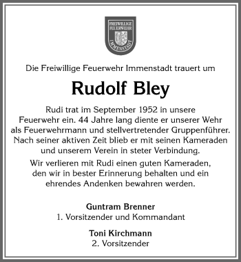 Traueranzeige von Rudolf Bley von Allgäuer Anzeigeblatt