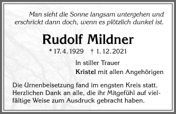 Traueranzeige von Rudolf Mildner von Allgäuer Zeitung,Kempten