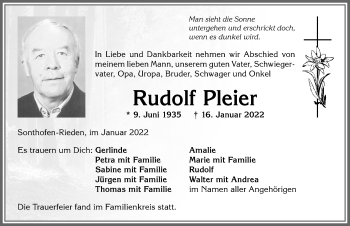 Traueranzeige von Rudolf Pleier von Allgäuer Anzeigeblatt