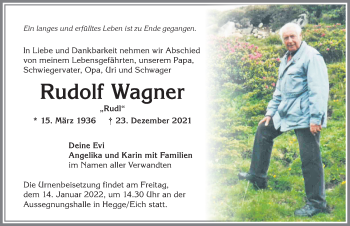 Traueranzeige von Rudolf Wagner von Allgäuer Zeitung,Kempten