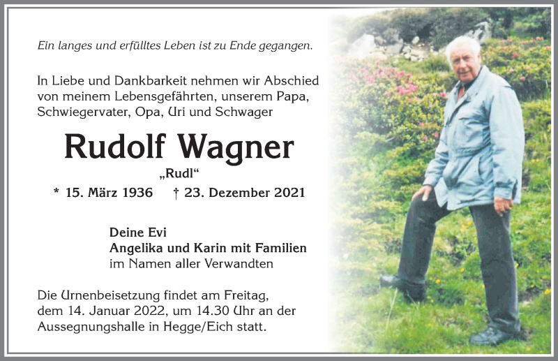  Traueranzeige für Rudolf Wagner vom 07.01.2022 aus Allgäuer Zeitung,Kempten