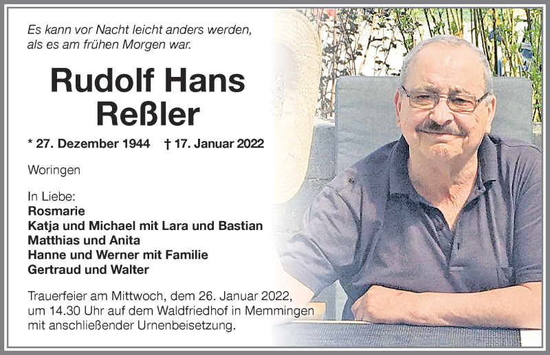  Traueranzeige für Rudolf Hans Reßler vom 24.01.2022 aus Memminger Zeitung