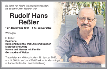 Traueranzeige von Rudolf Hans Reßler von Memminger Zeitung