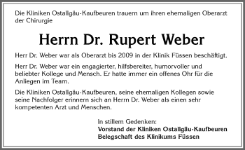 Traueranzeige von Rupert Weber von Allgäuer Zeitung, Füssen