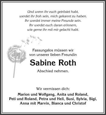 Traueranzeige von Sabine Roth von Allgäuer Anzeigeblatt