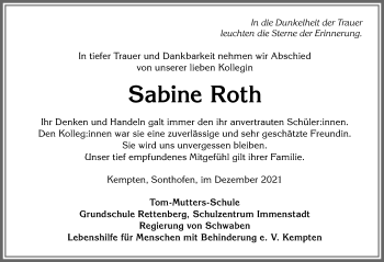 Traueranzeige von Sabine Roth von Allgäuer Anzeigeblatt