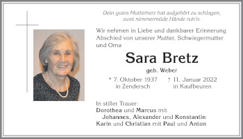Traueranzeige von Sara Bretz von Allgäuer Zeitung, Kaufbeuren/Buchloe