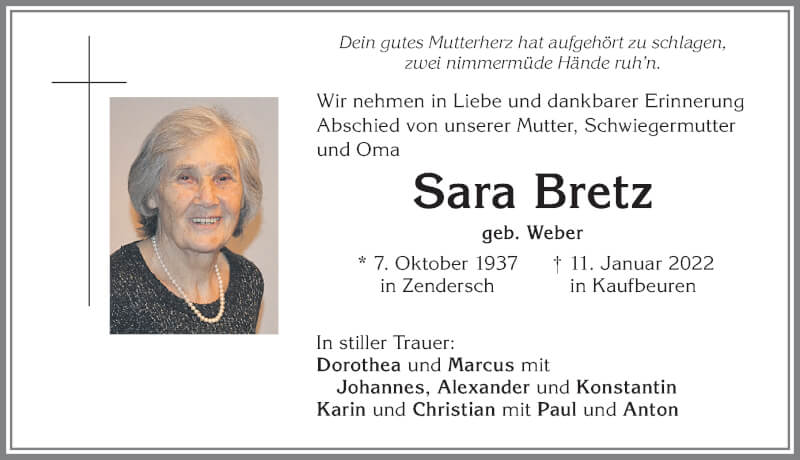  Traueranzeige für Sara Bretz vom 15.01.2022 aus Allgäuer Zeitung, Kaufbeuren/Buchloe
