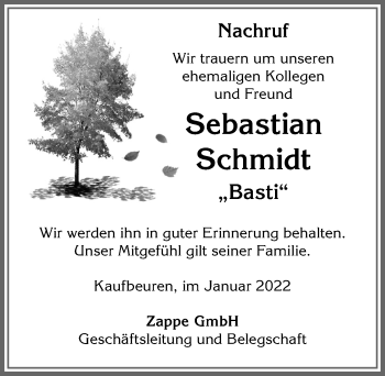 Traueranzeige von Sebastian Schmidt von Allgäuer Zeitung, Kaufbeuren/Buchloe