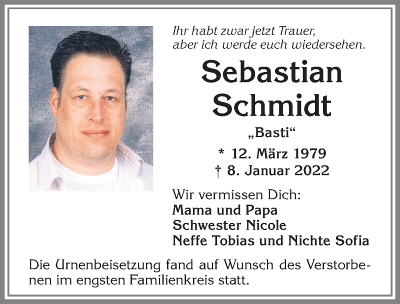  Traueranzeige für Sebastian Schmidt vom 22.01.2022 aus Allgäuer Zeitung, Kaufbeuren/Buchloe