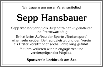 Traueranzeige von Sepp Hansbauer von Allgäuer Zeitung, Füssen