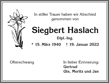 Traueranzeige von Siegbert Haslach von Allgäuer Anzeigeblatt