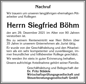 Traueranzeige von Siegfried Böhm von Allgäuer Zeitung,Kempten