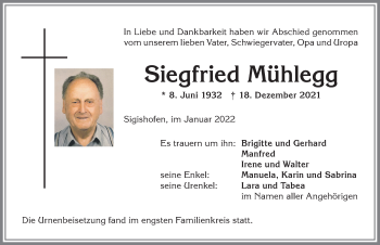 Traueranzeige von Siegfried Mühlegg von Allgäuer Anzeigeblatt