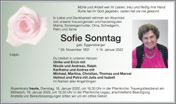Traueranzeige von Sofie Sonntag von Memminger Zeitung