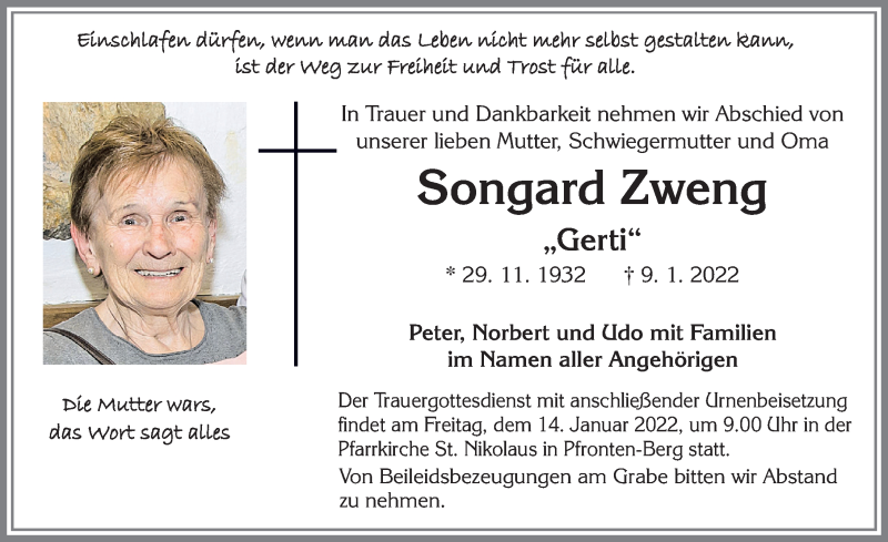  Traueranzeige für Songard Zweng vom 12.01.2022 aus Allgäuer Zeitung, Füssen