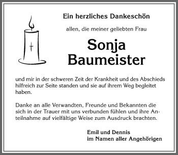 Traueranzeige von Sonja Baumeister von Memminger Zeitung